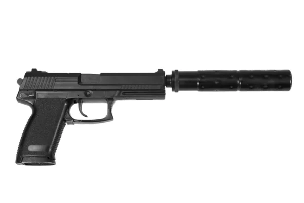 Spion-Handfeuerwaffe mit Schalldämpfer auf weißem Hintergrund — Stockfoto