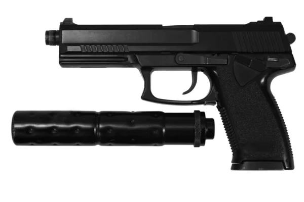 Spy handgun with silencer on white background — Stock Photo, Image