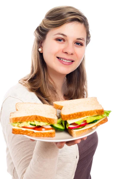 Ευτυχισμένη γυναίκα με σάντουιτς — Φωτογραφία Αρχείου