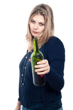 Frustrated drunk woman holding bottle of wine clipart