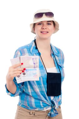 Happy traveller woman with passport clipart