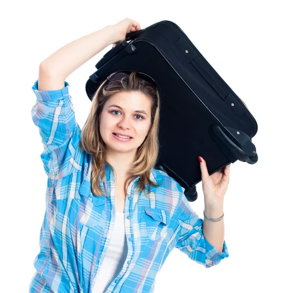 Viaggio nervoso donna con bagaglio — Foto Stock