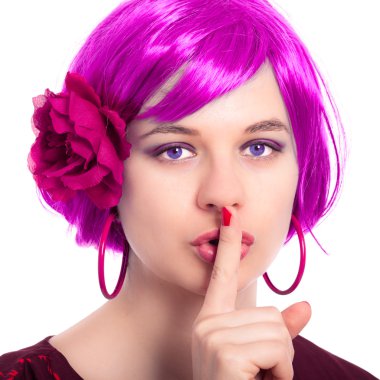 Beautiful woman in pink wig gesturing silence clipart