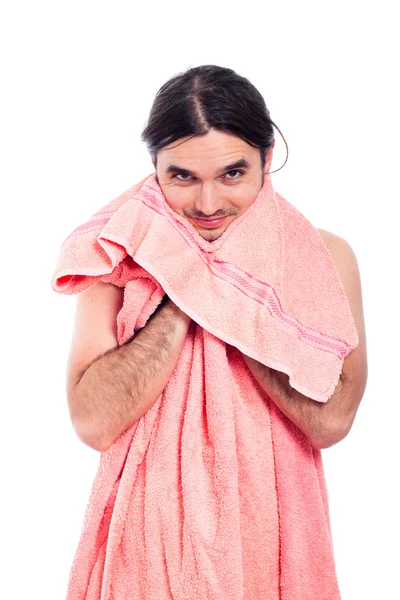 Jovem homem bonito feliz com toalha — Fotografia de Stock