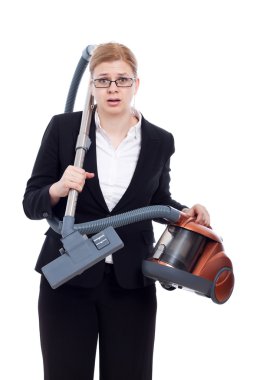 Shocked businesswoman with vacuum cleaner clipart