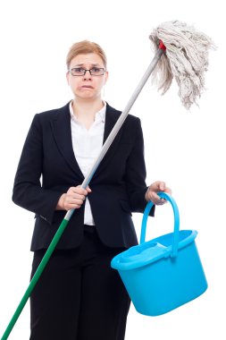 Unhappy businesswoman cleaning clipart