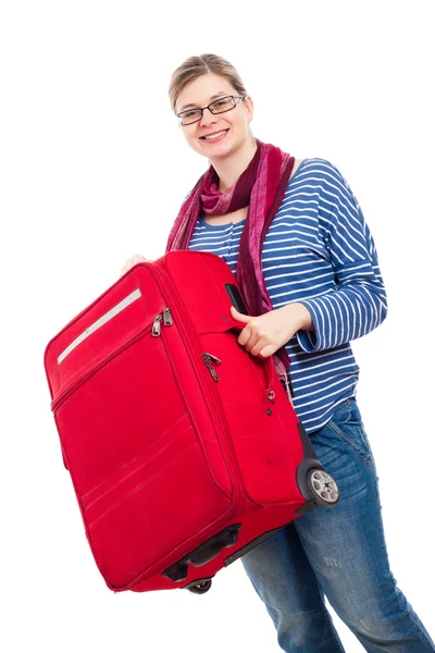 Femme heureuse avec bagages — Photo