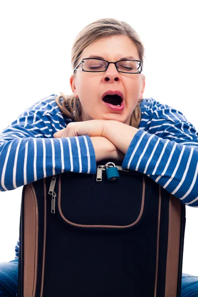 Tired traveller woman yawning — Stock Photo, Image