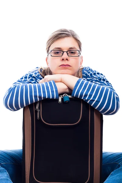 Bored traveller tourist woman with luggage — Stock Photo, Image