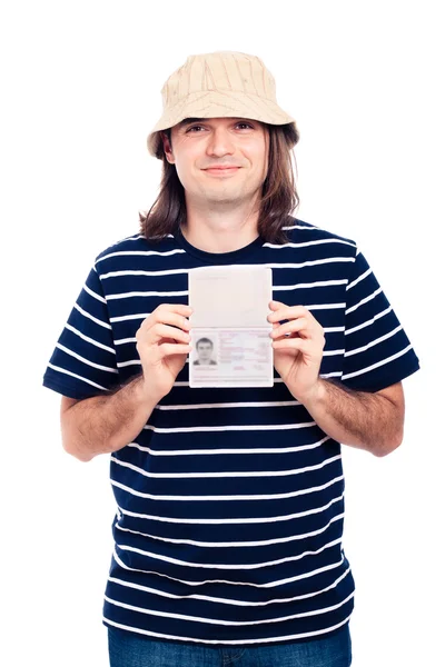 Samotnie szczęśliwy turysta człowiek z paszportem — Zdjęcie stockowe