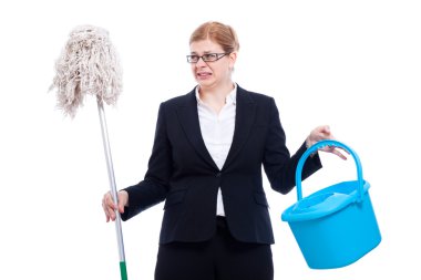 Unhappy disgusted businesswoman cleaning clipart