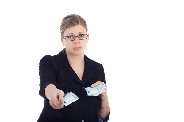 Несчастная женщина раздает банкноты евро — стоковое фото