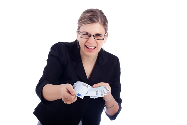 Szczęśliwy biznes kobieta trzyma banknoty euro — Zdjęcie stockowe