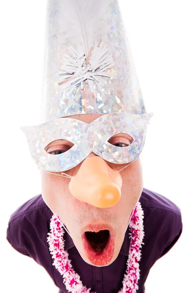 Grappige mens dragen partij masker — Stockfoto