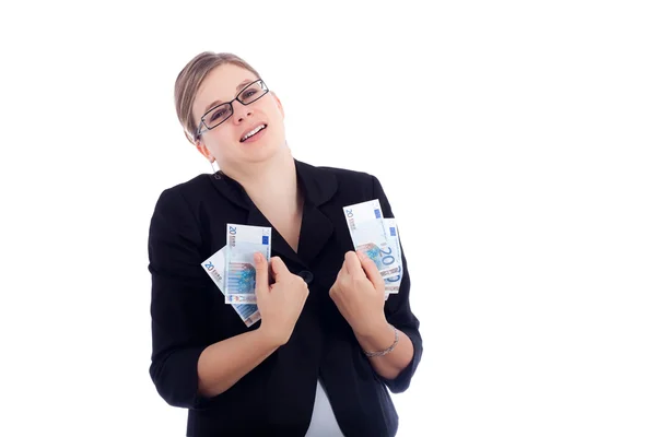 Gelukkig zakenvrouw houden van eurobankbiljetten — Stockfoto