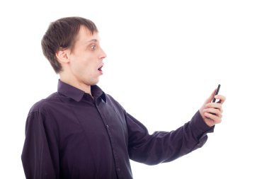Funny surprised nerd man looking at cellphone clipart