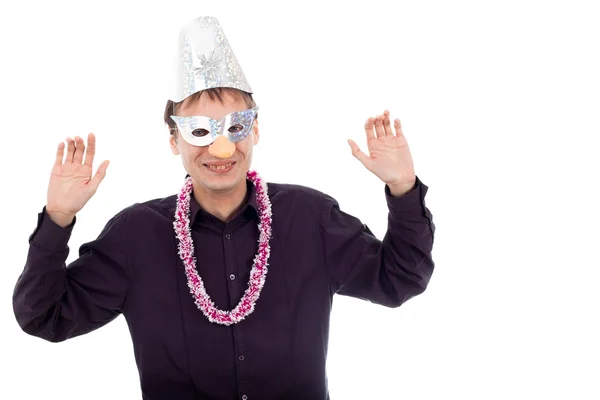 Grappige lelijk nerd man dragen partij masker — Stockfoto