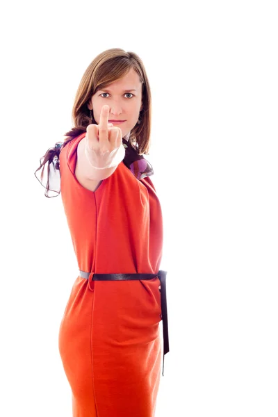 Frau gestikuliert unhöflich mit Mittelfinger — Stockfoto