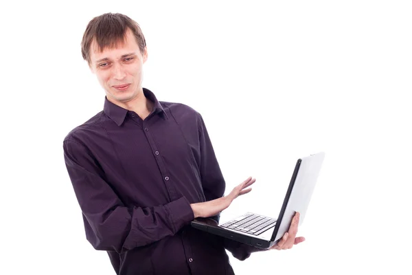 Grappige weirdo man met laptop — Stockfoto