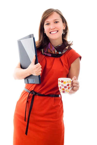 Feliz bela mulher de negócios segurando arquivos e caneca — Fotografia de Stock