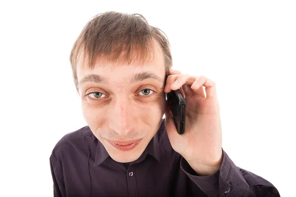 Homem nerd estranho feliz ao telefone — Fotografia de Stock