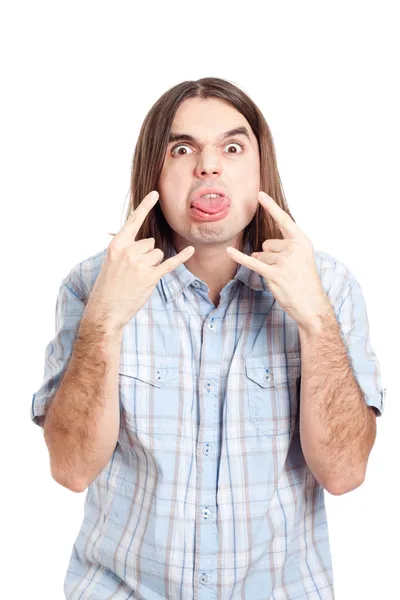 Onbeleefd man gebaren en tong uitsteekt — Stockfoto