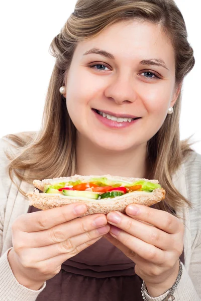 Mulher feliz com sanduíche — Fotografia de Stock
