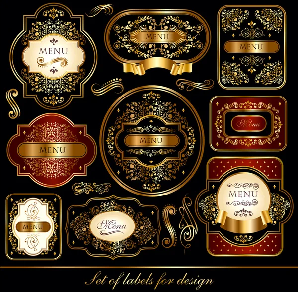 Ensemble vectoriel d'étiquettes noir-doré avec ornements — Image vectorielle