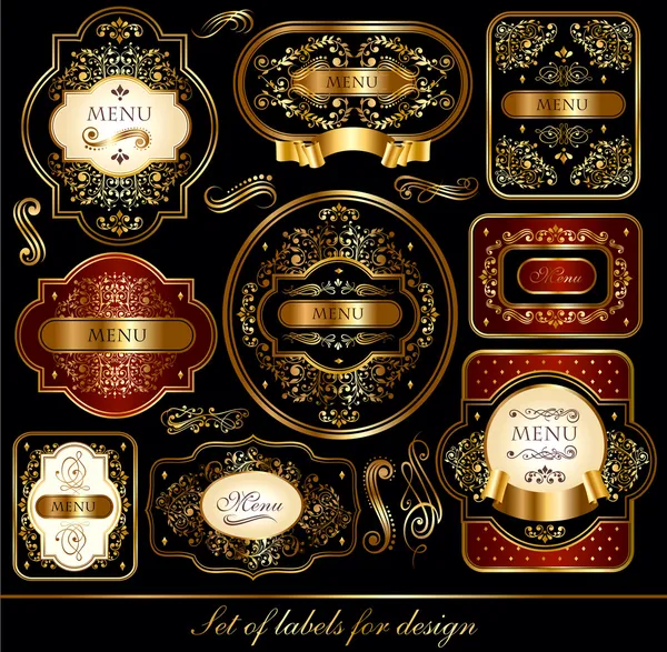 Векторный набор черно-золотых этикеток с орнаментами Стоковая Иллюстрация