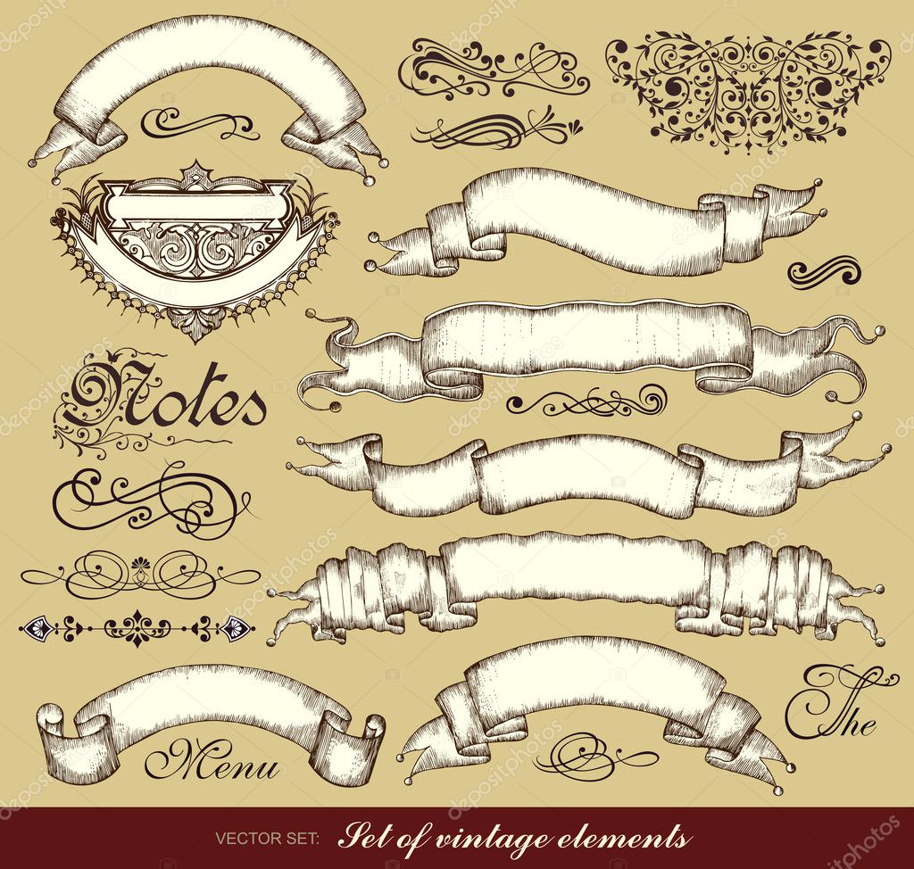 Vector set of calligraphic design elements and ribbons.