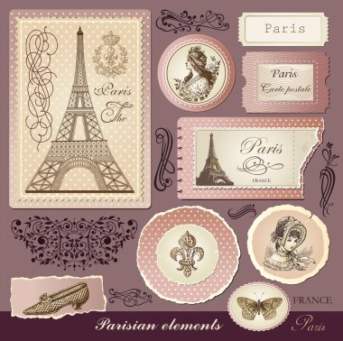 Vector set: symbols of Paris and calligraphic design elements clipart