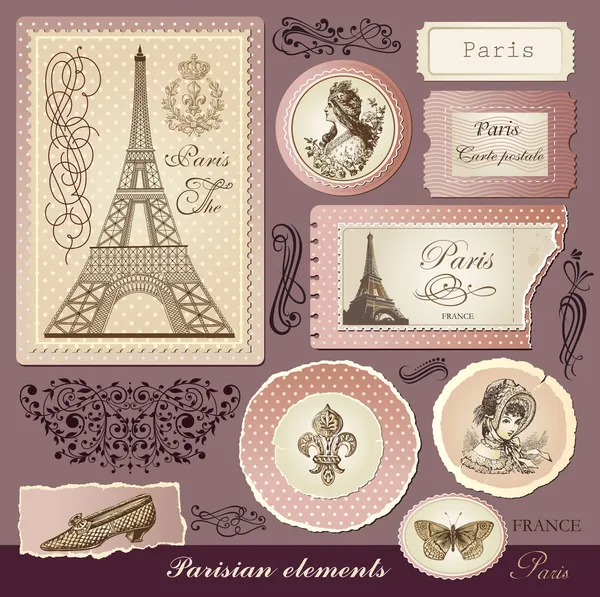 Conjunto de vectores: símbolos de París y elementos de diseño caligráfico — Archivo Imágenes Vectoriales