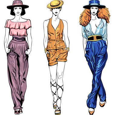 Vector set fashion top models in trouser suits and hats clipart