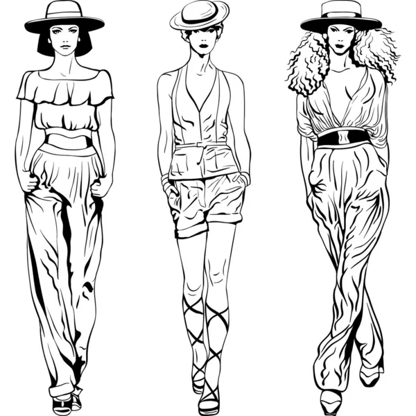 Vector set fashion top models in trouser suits and hats — Stock Vector