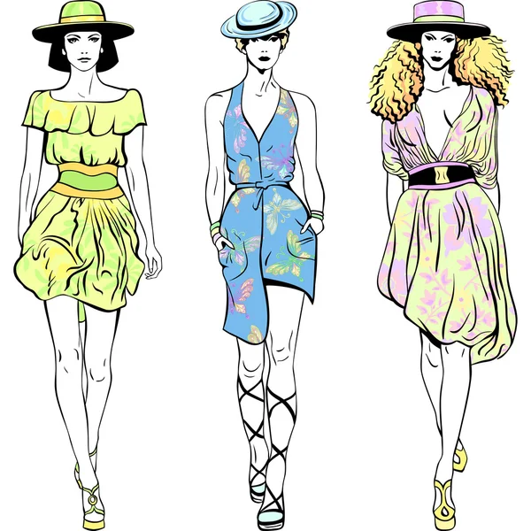 Набор моделей топ-моды в летних платьях и шляпах — стоковое фото