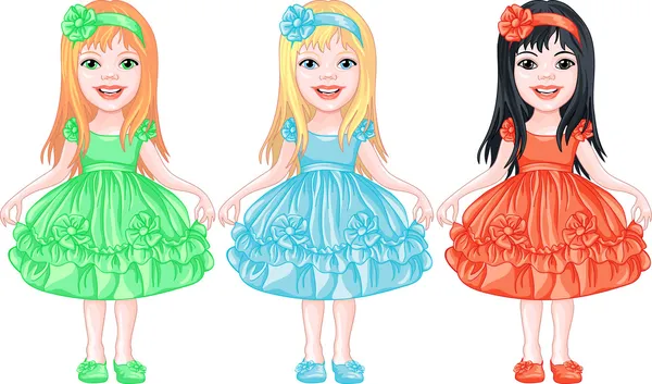 Set of charming little girls in fancy dresses — Stock Vector