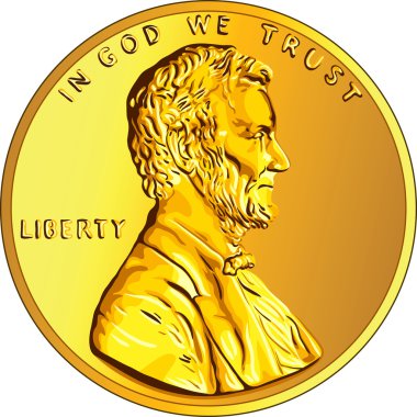 Vector American money gold coin one cent, penny clipart