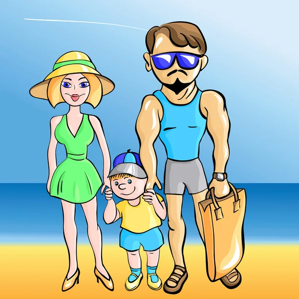 Vector young married couple with a toddler at the sea — Stock Vector
