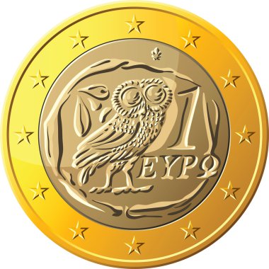 Vector Greek money gold coin one euro featuring owl clipart