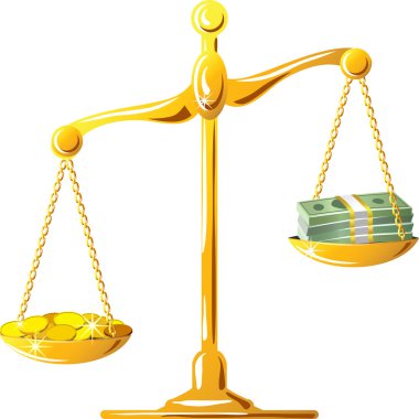 Vector unbalanced gold scale with coines and banknotes clipart