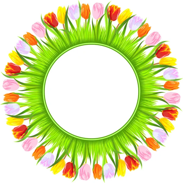 Vector round frame of colorful spring tulips in grass — Stock Vector