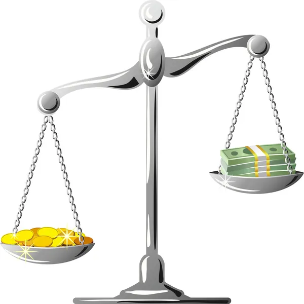 Escala de prata desequilibrada vetorial com moedas e notas —  Vetores de Stock