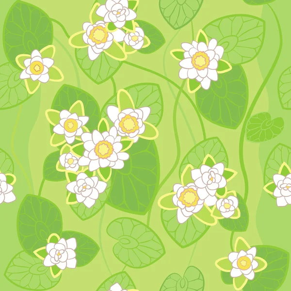 Nahtloses Muster aus weißem Lotus auf dem Hintergrund des grünen Sumpfes — Stockvektor