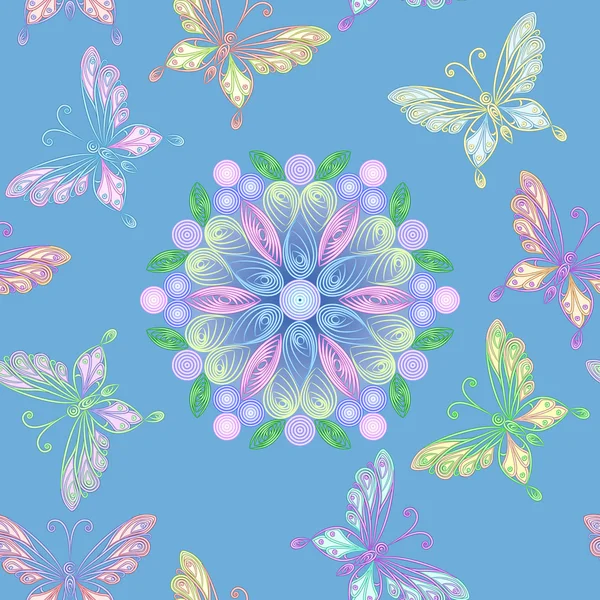 Encaje floral sin costura vectorial con mariposas — Archivo Imágenes Vectoriales