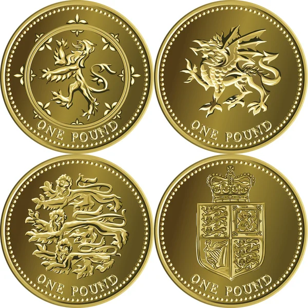 Vector conjunto de dinheiro britânico moeda de ouro de uma libra — Vetor de Stock