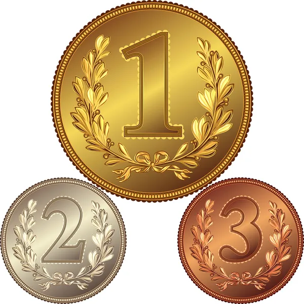Vektorové sada zlatých, stříbrných a bronzových medailí pro první, druhý, — Stockový vektor