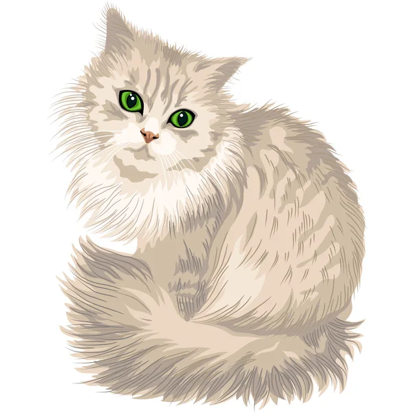 Vector lilac fluffy cute cat with green eyes — Stock Vector