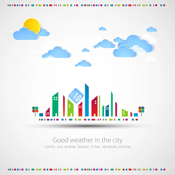 Αστεία πόλη θέμα φόντο με σύννεφα και ήλιο. — Διανυσματικό Αρχείο
