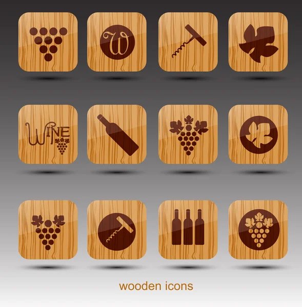 Ícones de tema de vinho de madeira. Vetor —  Vetores de Stock