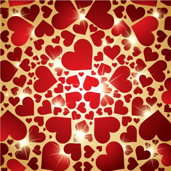 Red hearts background with glowing stars. — Stock Vector